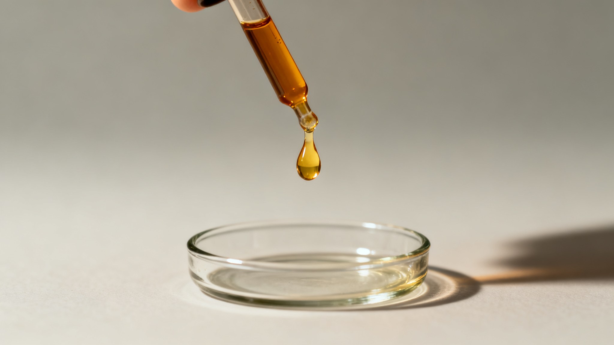 Cuentagotas de vidrio con una gota dorada de aceite a punto de caer