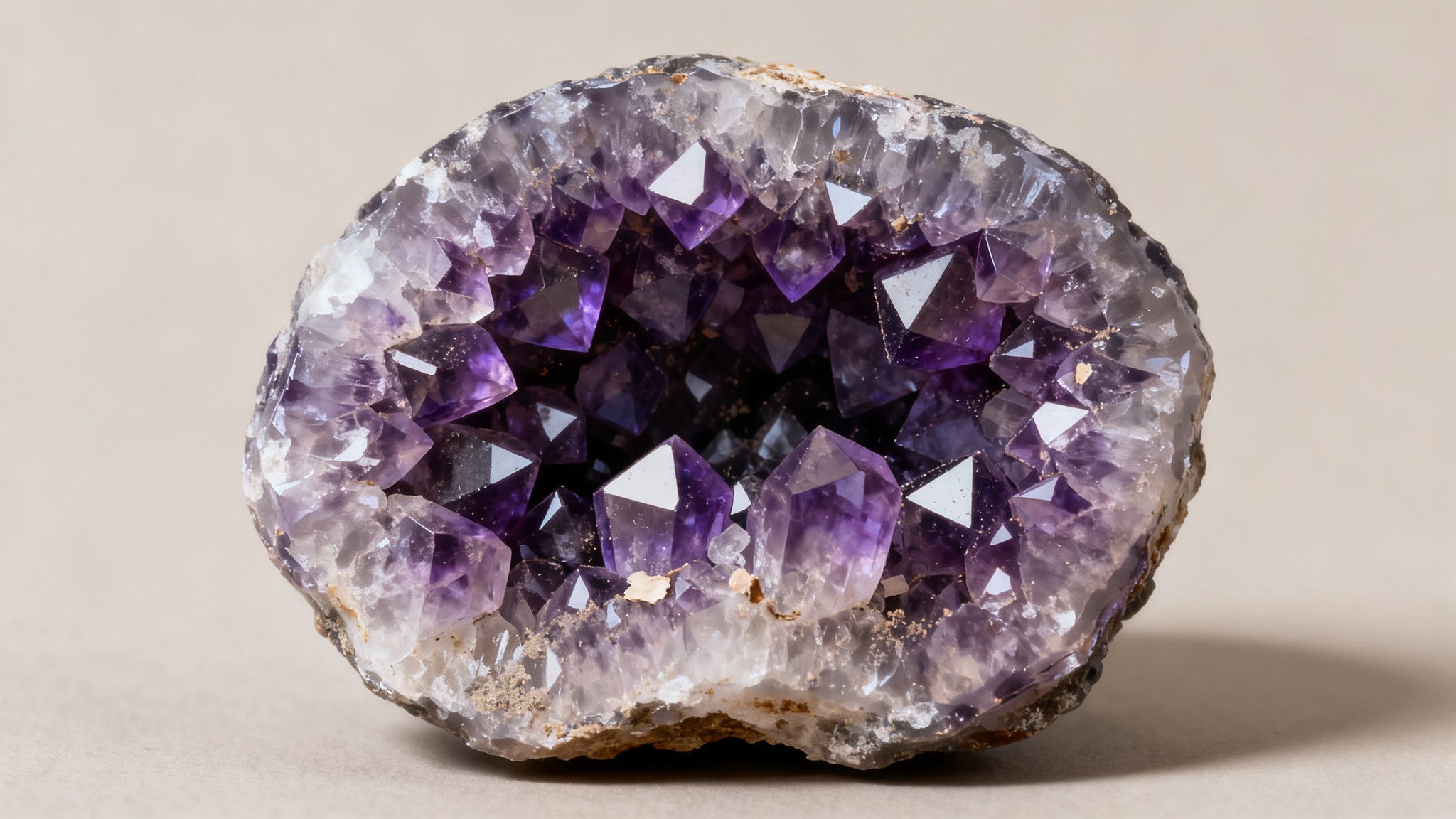 Interior de una geoda de amatista visto muy de cerca, con decenas de puntas violetas apretadas