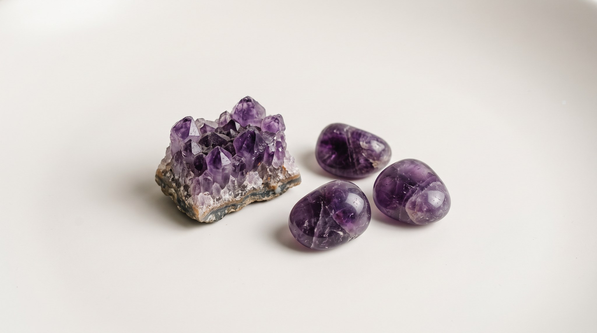 Drusa de amatista junto a tres amatistas rodadas de color violeta claro