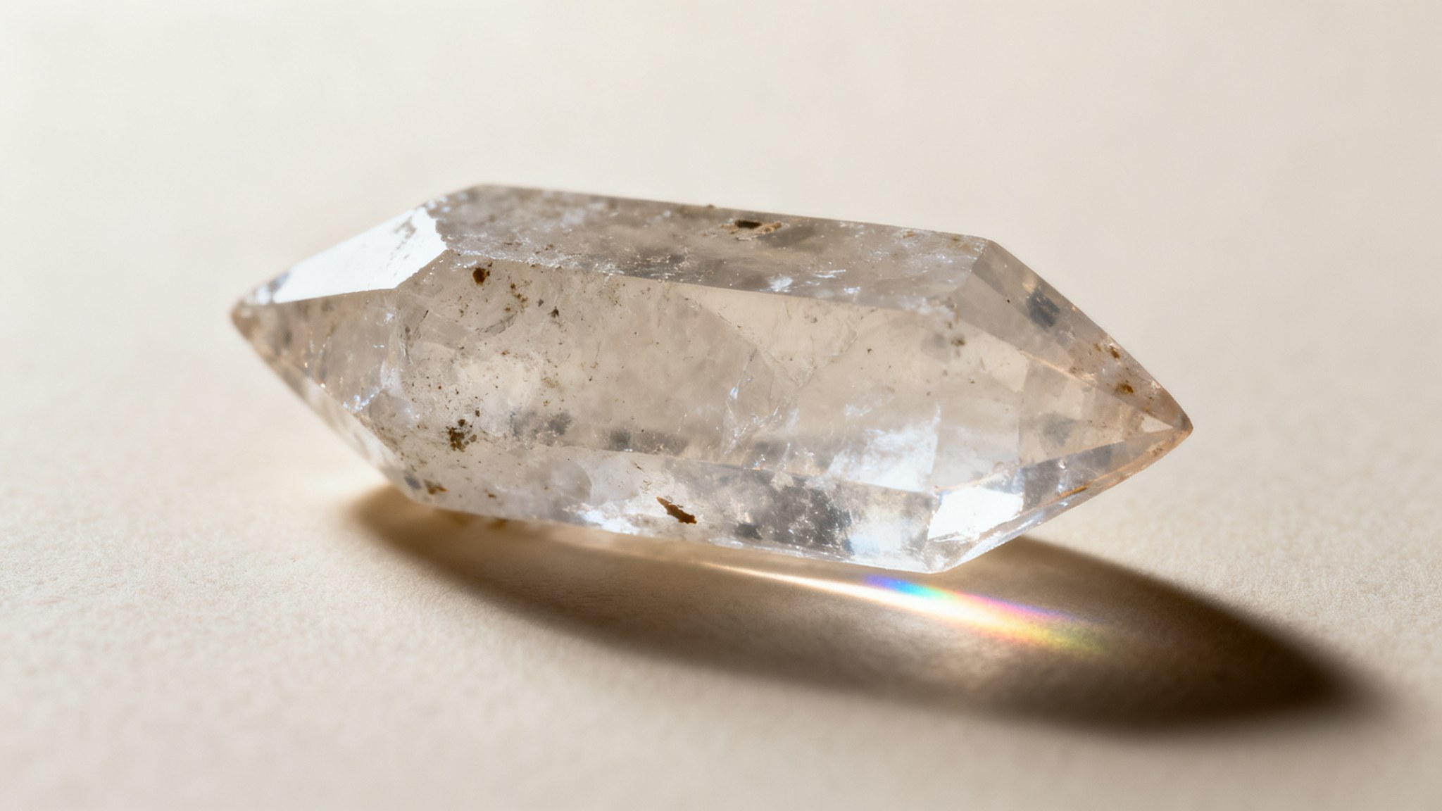 Punta de cuarzo cristal con un rayo de luz atravesándola y proyectando un arcoíris al lado