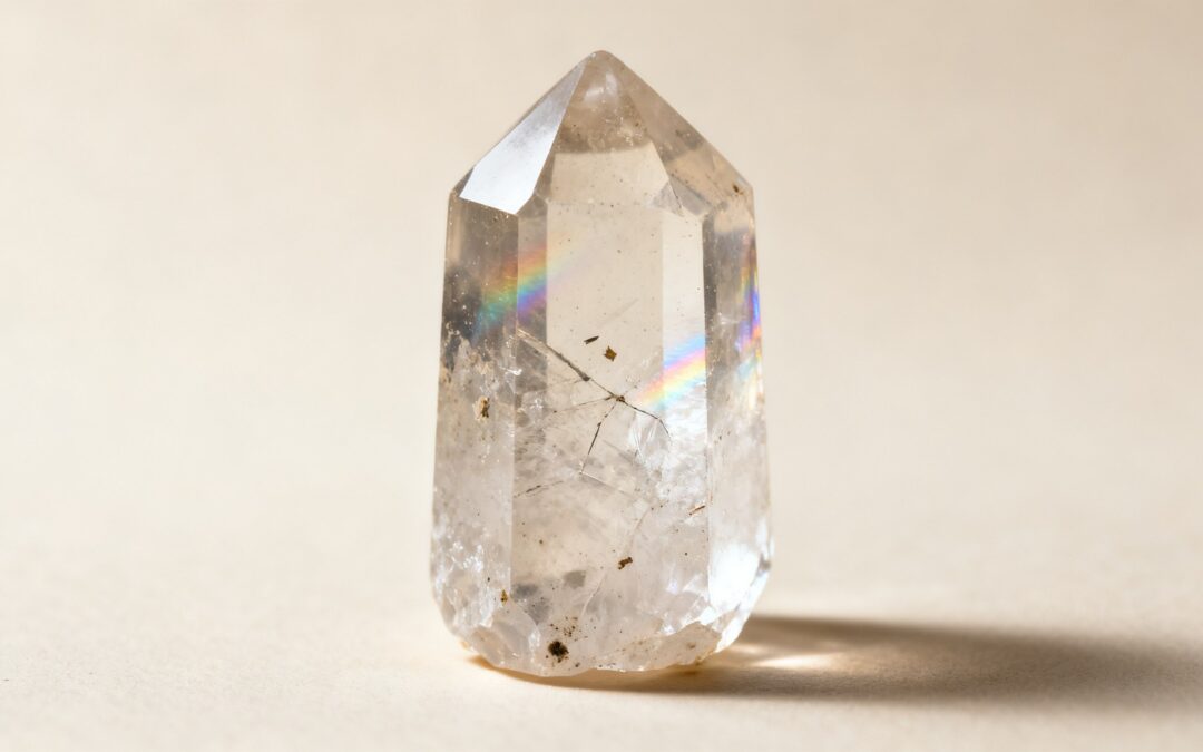 Una punta de cuarzo cristal tumbada, con velos y pequeñas fracturas visibles en su interior