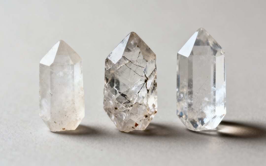 Tres puntas de cuarzo cristal de distintos tamaños sobre fondo neutro, una lechosa y otra transparente