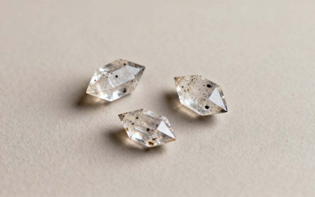 Tres diamantes Herkimer, cuarzos con doble terminación natural, sobre fondo neutro