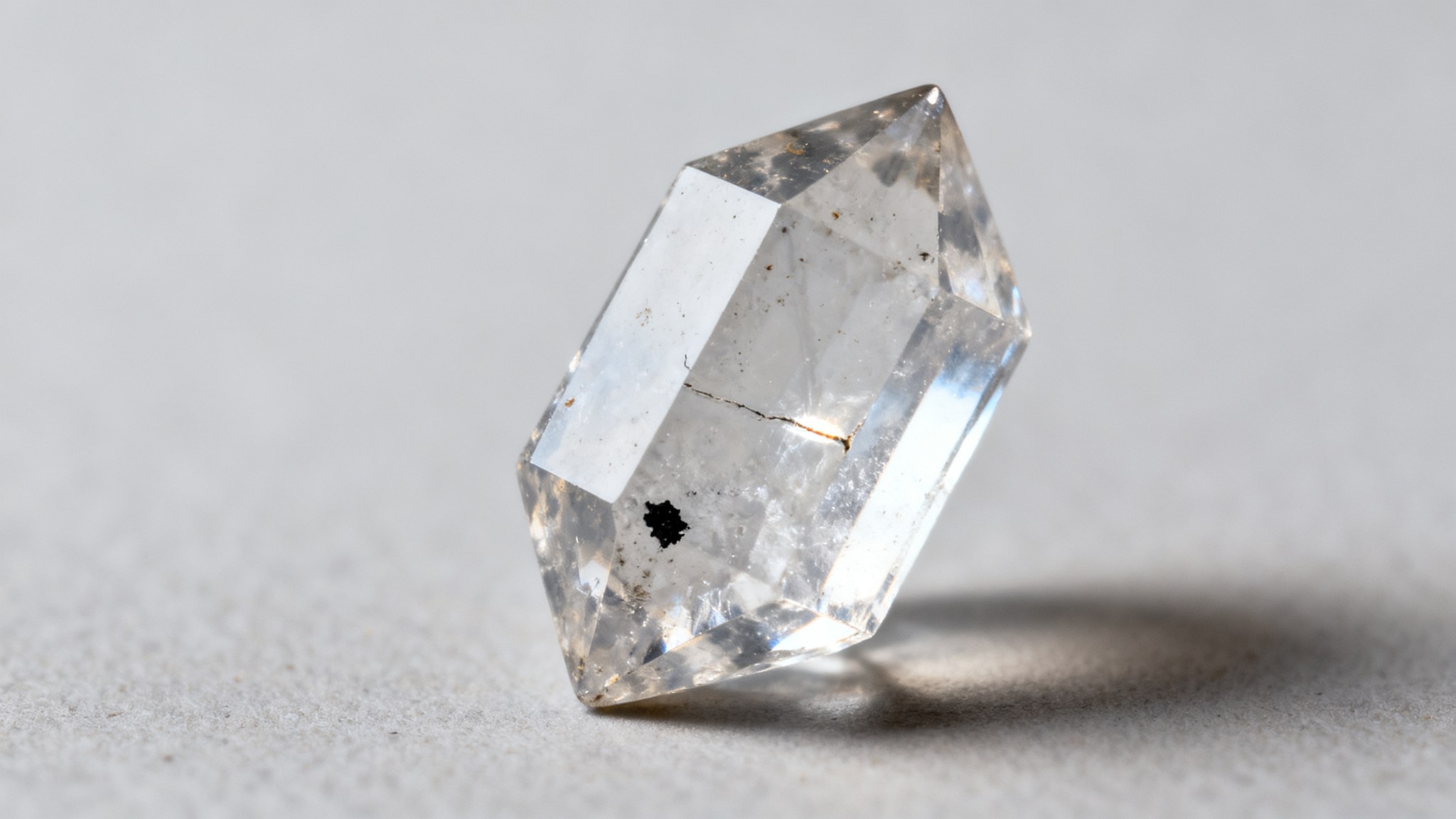 Diamante Herkimer visto muy de cerca, con sus dos puntas naturales y una inclusión oscura dentro