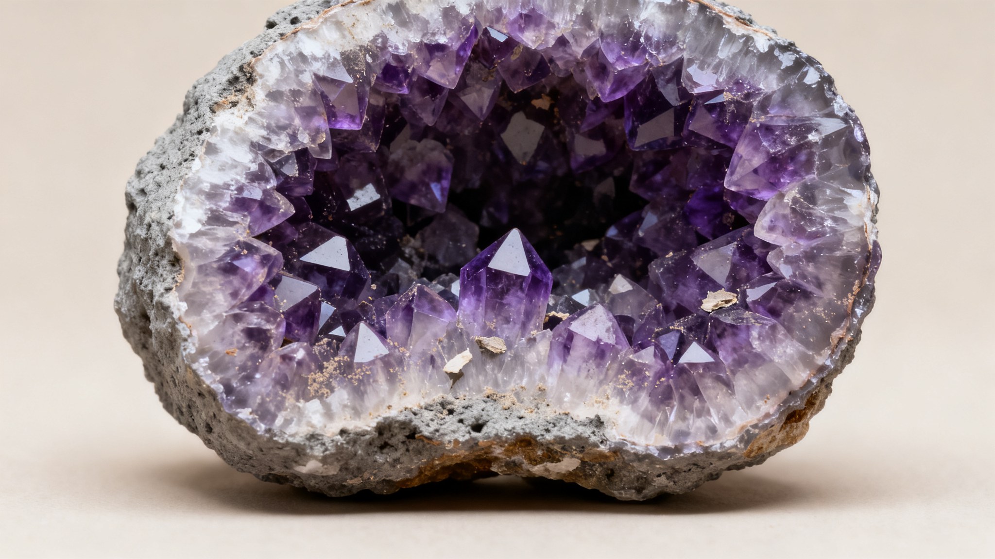 Geoda de amatista abierta, una de las piezas que se seleccionan para la tienda