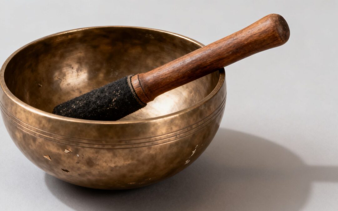 Cuenco tibetano de bronce visto desde arriba con el mazo de madera apoyado en el borde
