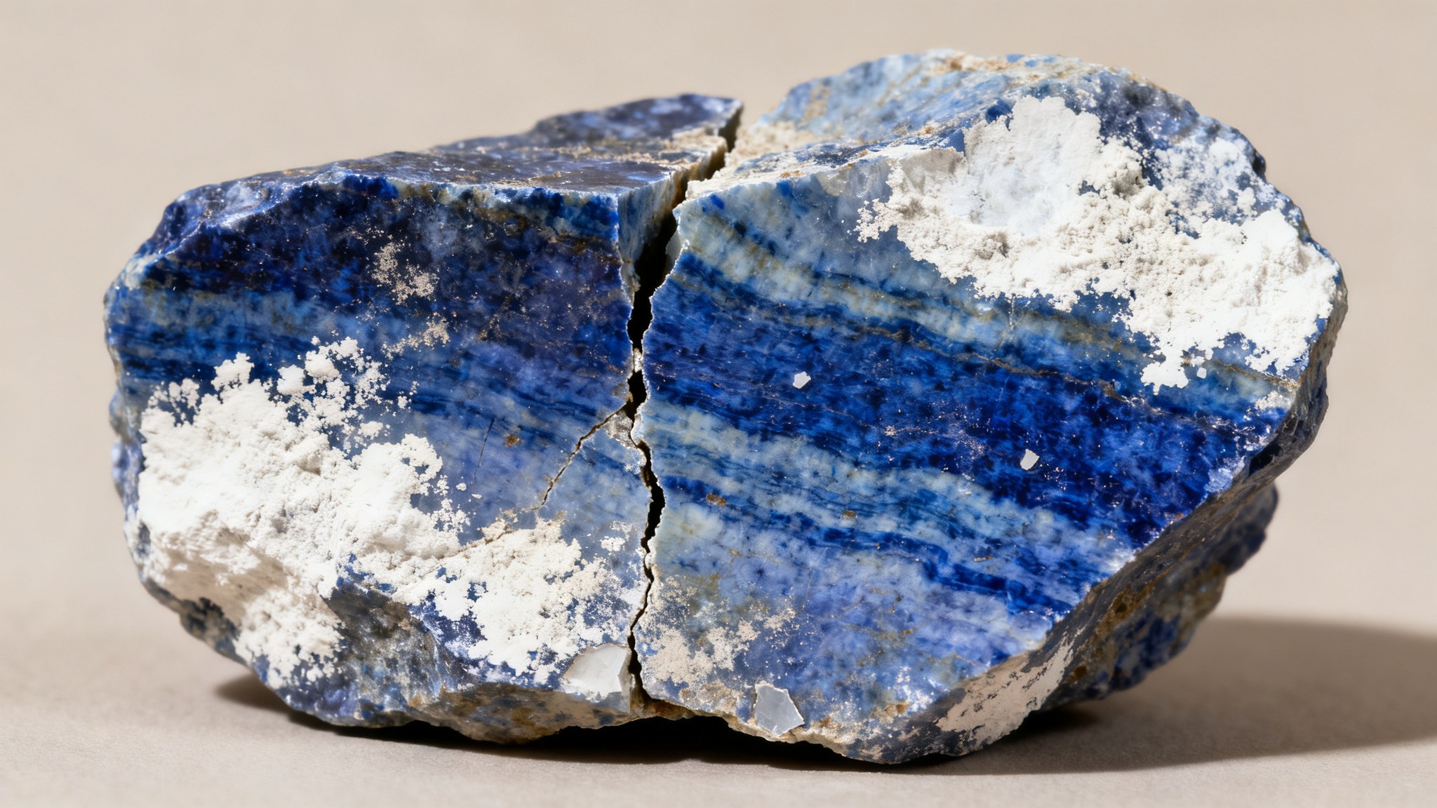 Canto recién roto de un lapislázuli visto muy de cerca, con las bandas de azul desigual y las manchas blancas