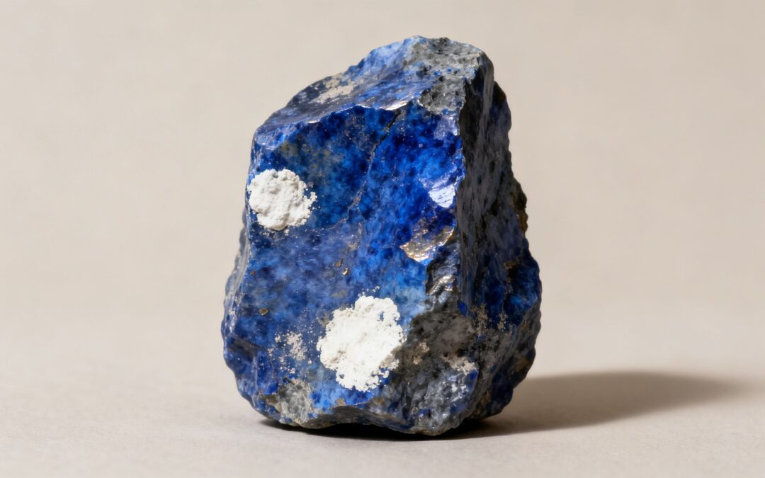 Trozo de lapislázuli en bruto de pie, azul ultramar irregular con manchas blancas y brillo metálico apagado