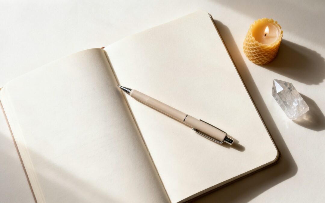 Cuaderno abierto en blanco con un bolígrafo, una vela pequeña y una punta de cuarzo al lado
