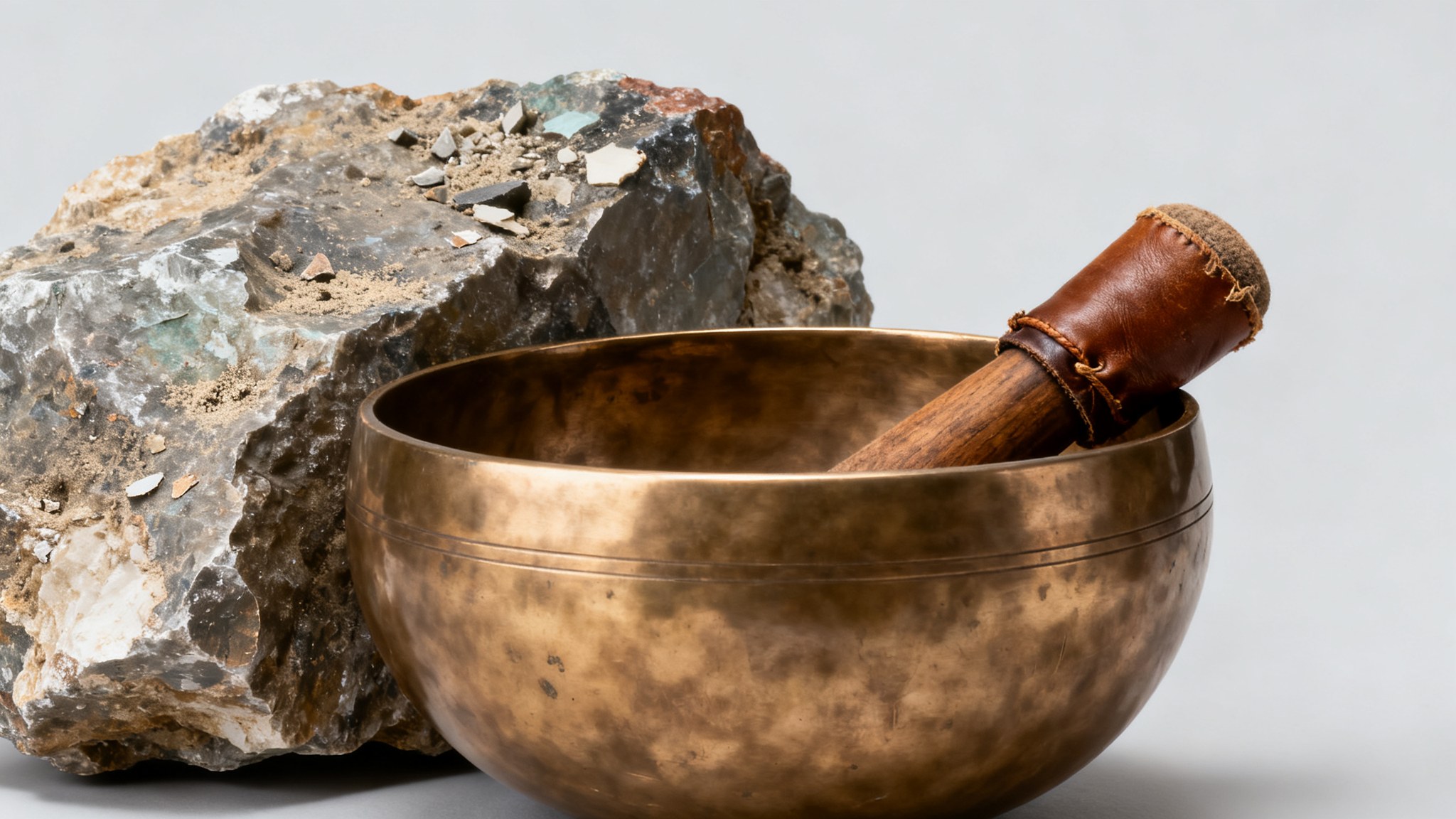 Cabeza del mazo de madera apoyada contra el borde exterior del cuenco de bronce