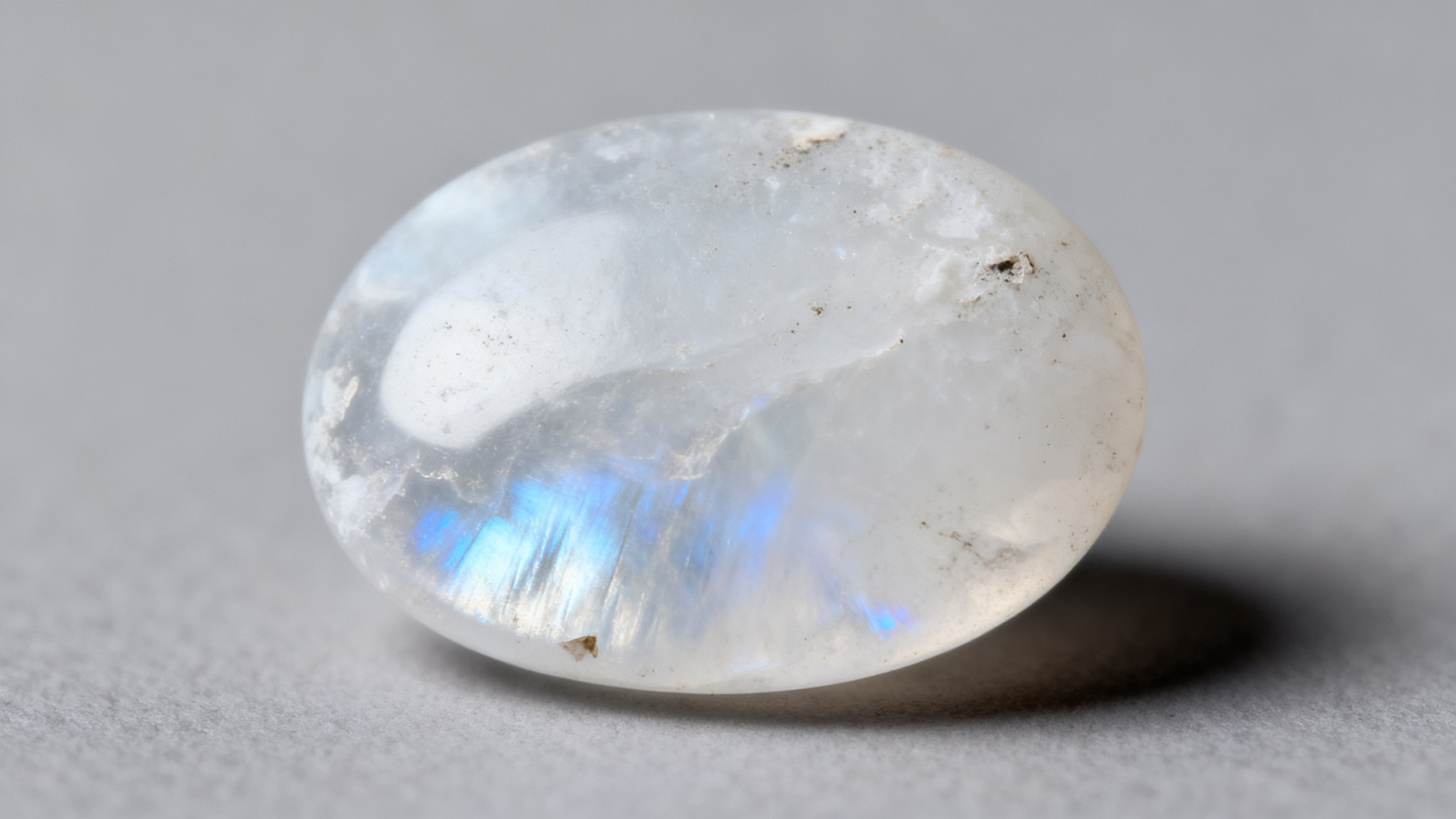 Una piedra lunar pulida muy de cerca, con el brillo azul flotando bajo la superficie