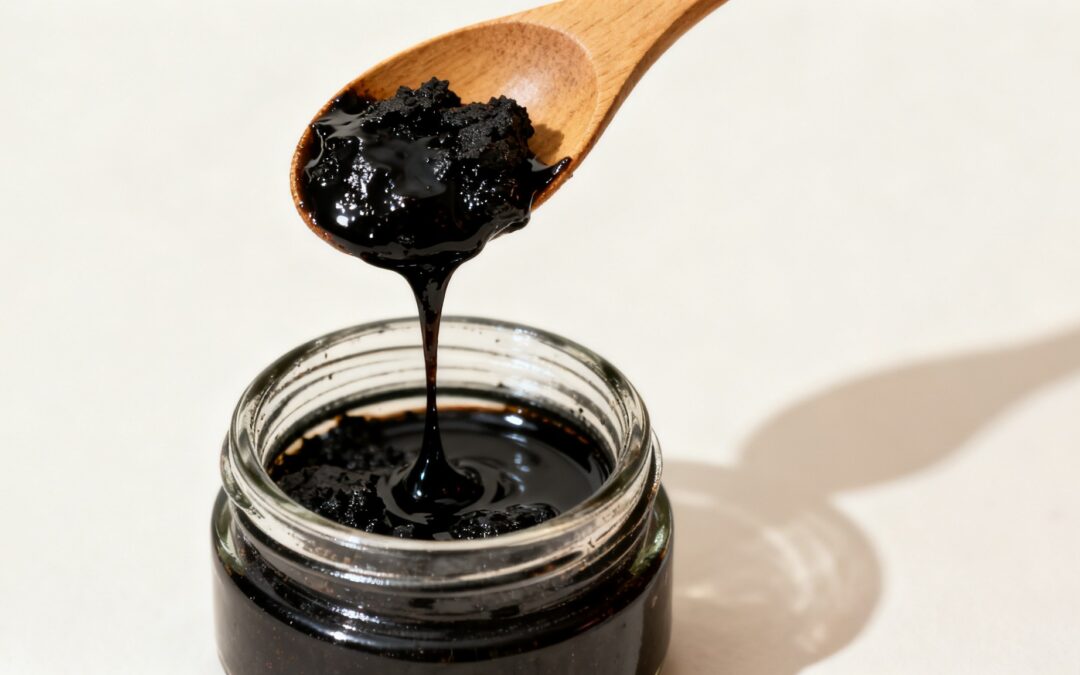 Tarro de shilajit en resina abierto, con una cucharita levantando un hilo de la resina negra