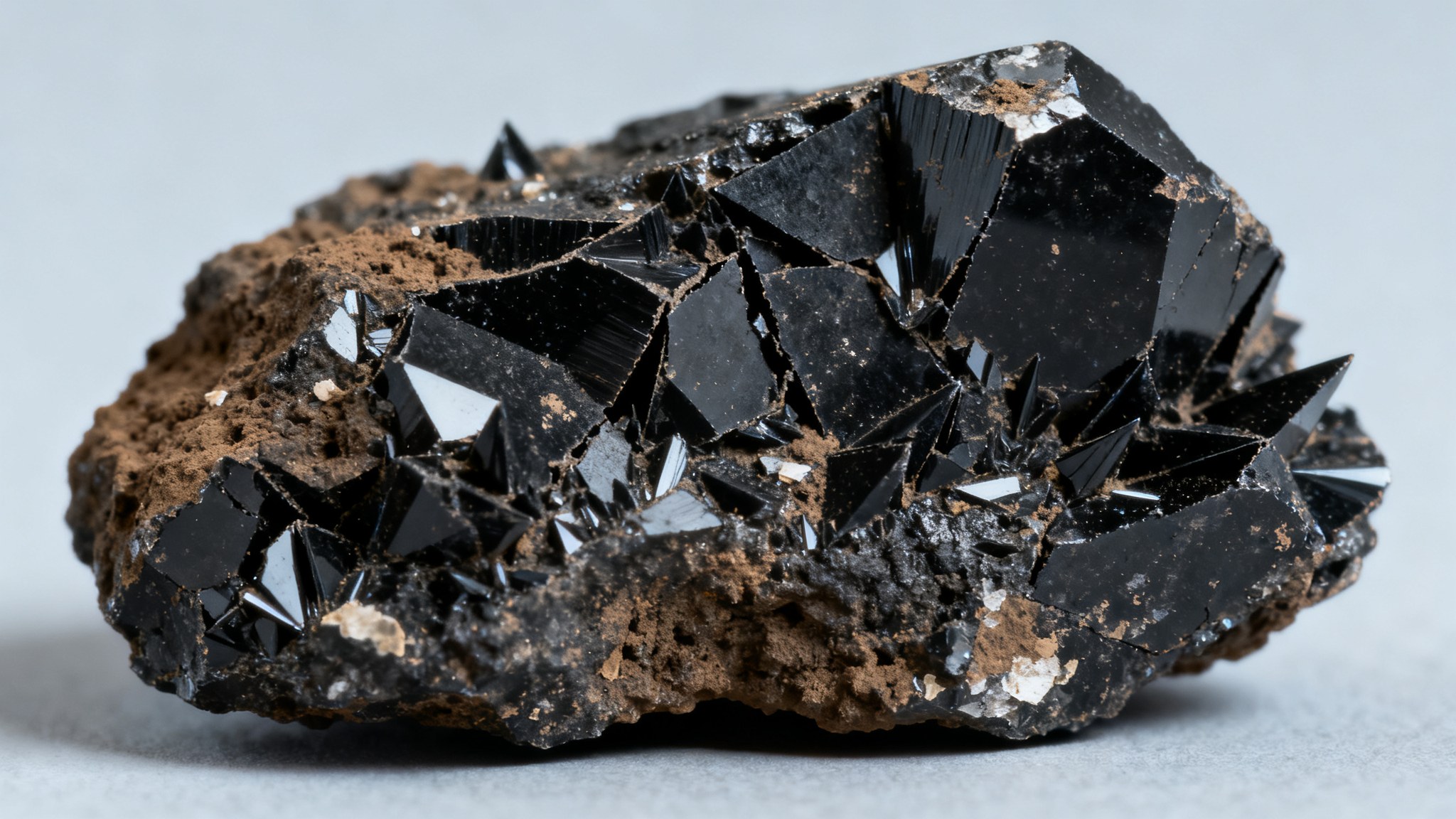 Superficie de un trozo de shungita en bruto vista muy de cerca, negro mate con brillo apagado y bordes de rotura