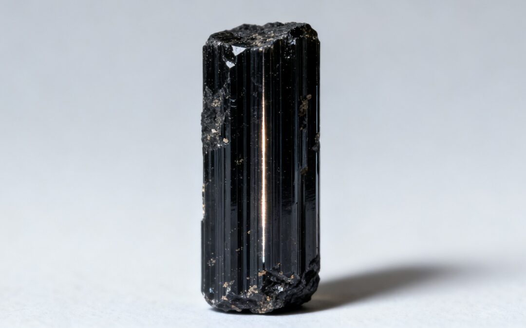 Un cristal de turmalina negra en bruto de pie, con las estrías verticales marcadas a contraluz
