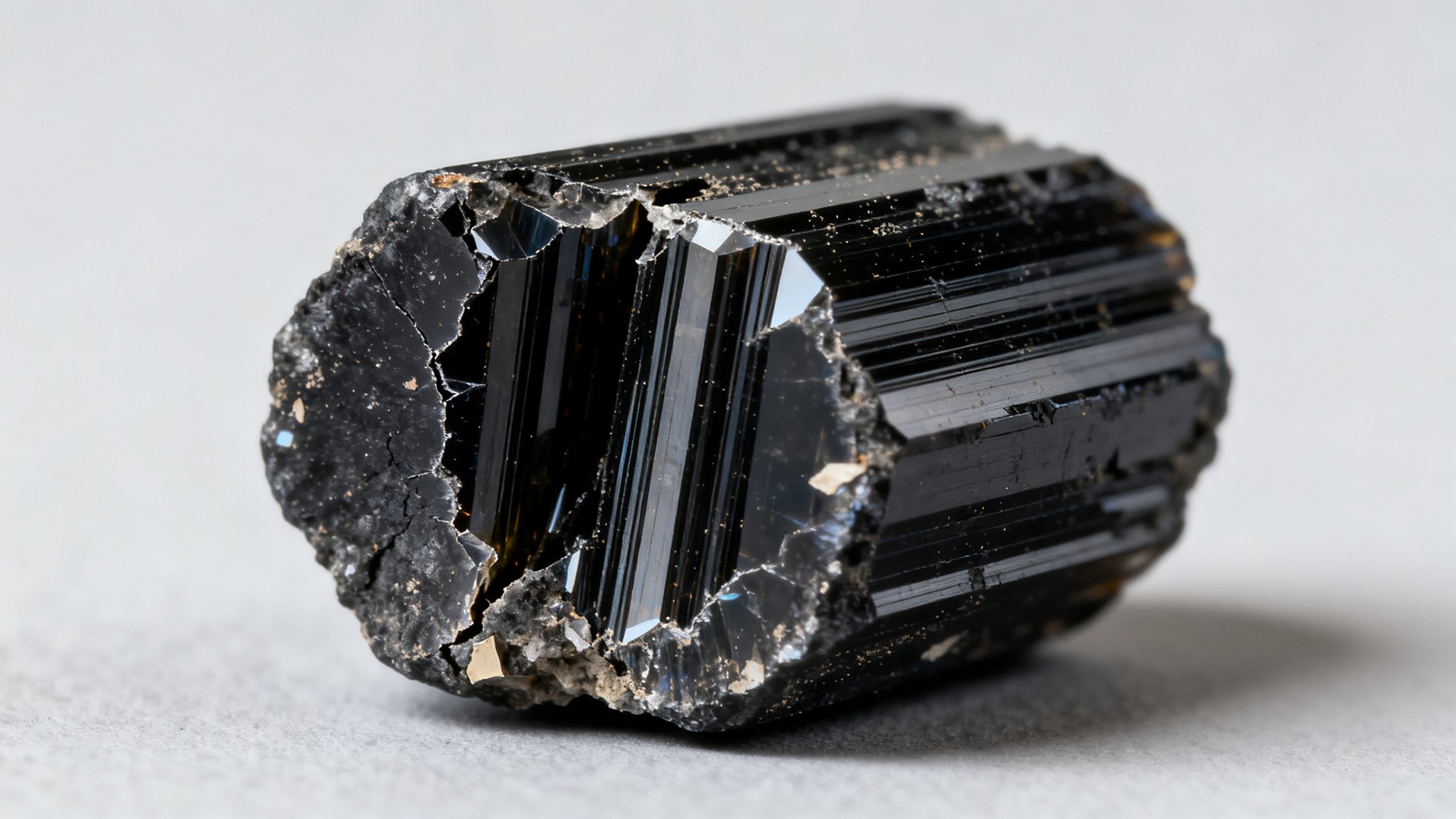 Extremo roto de un cristal de turmalina negra visto muy de cerca, con la cara vidriosa de la rotura