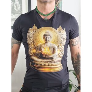 Camiseta negra con Buda dorado meditando. Go Natura, Manizales.