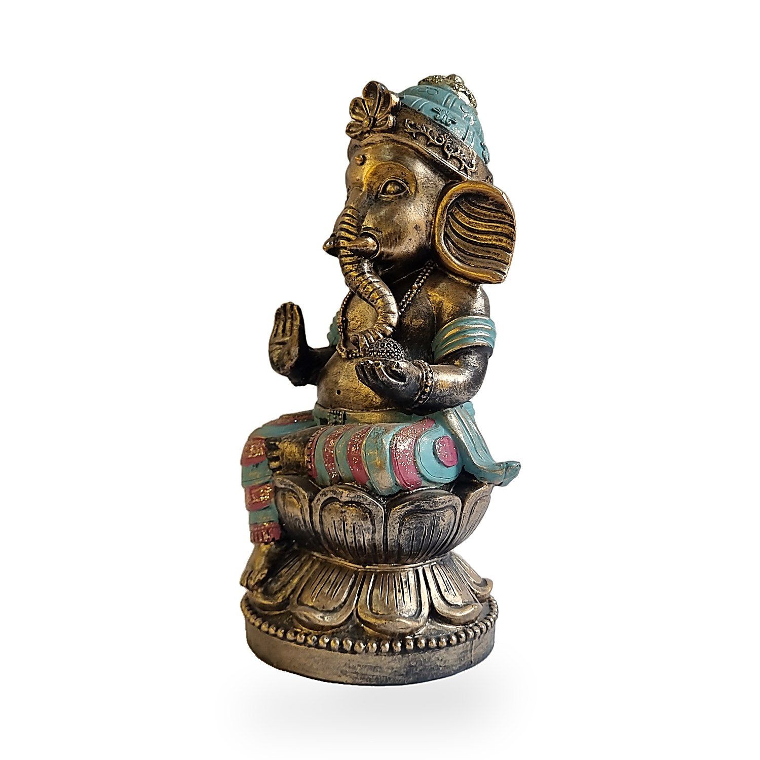 Figura de Ganesha dorada con detalles de color. Go Natura, Manizales.