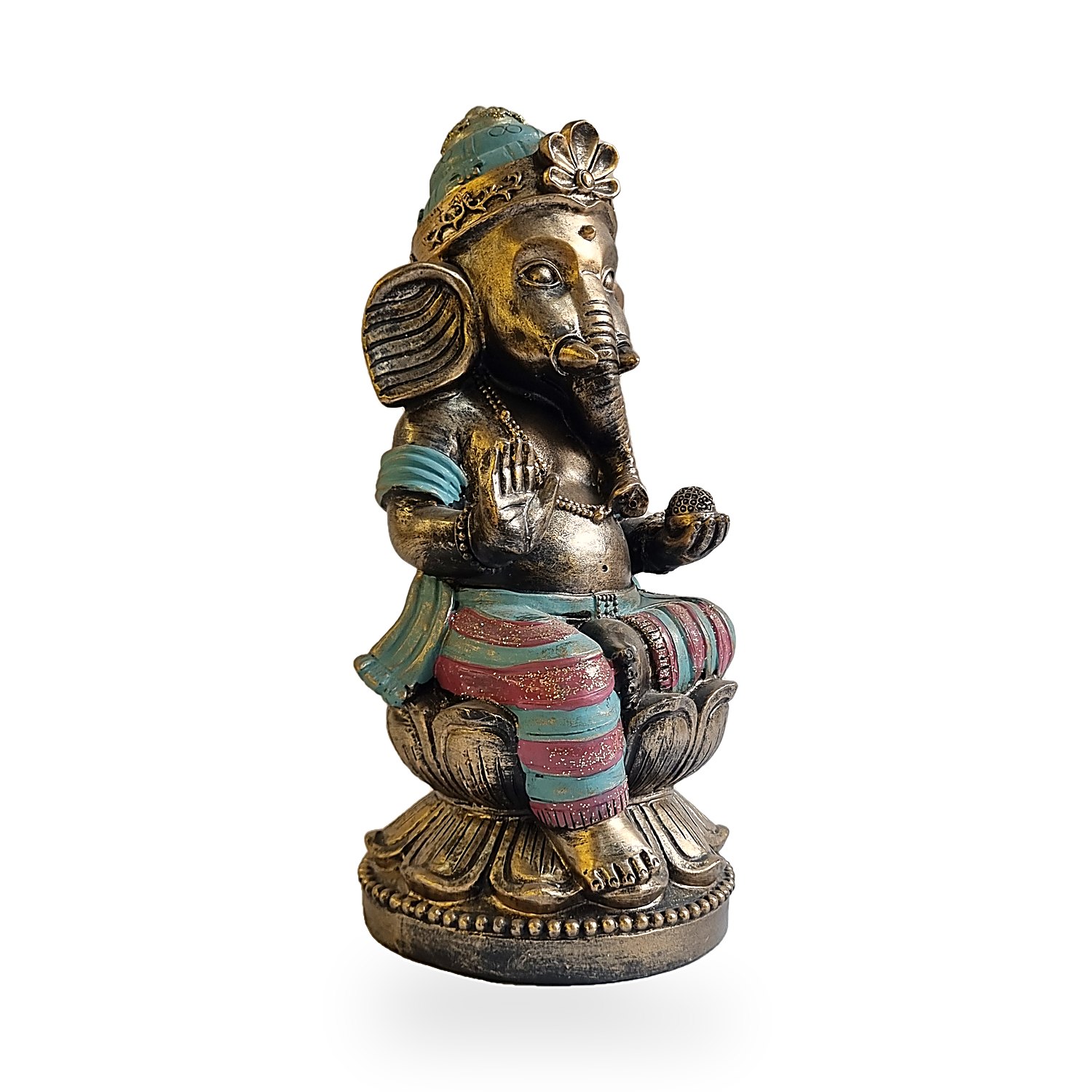 Figura de Ganesha dorada con detalles de color. Go Natura, Manizales.